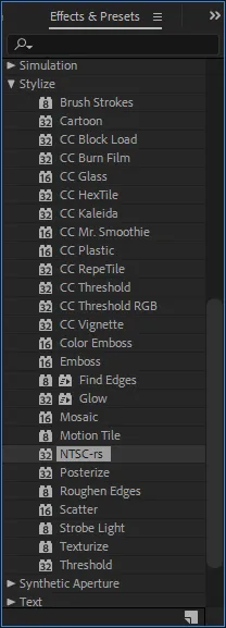 The ntsc-rs effect appearing under the Stylize category in the "Effects and Presets" panel