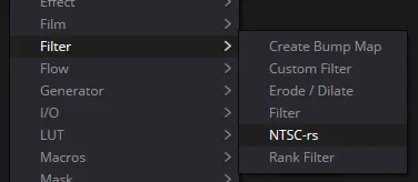 The ntsc-rs effect appearing under the Filter category in an effect menu